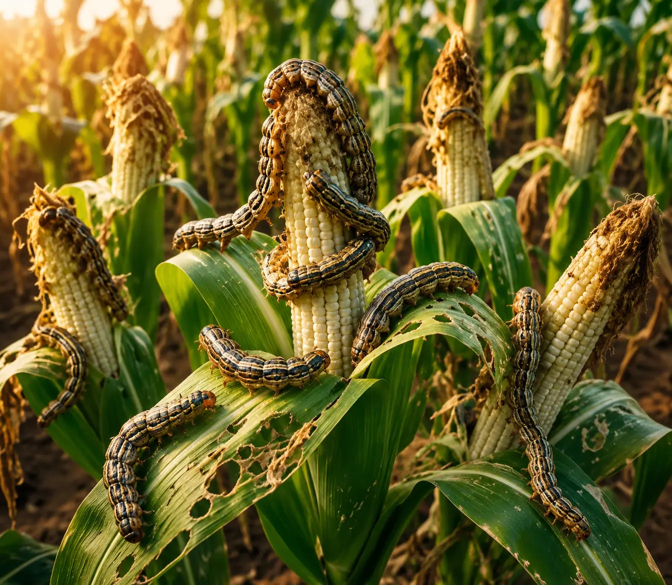 Fall armyworm infestation causing damage to maize crops