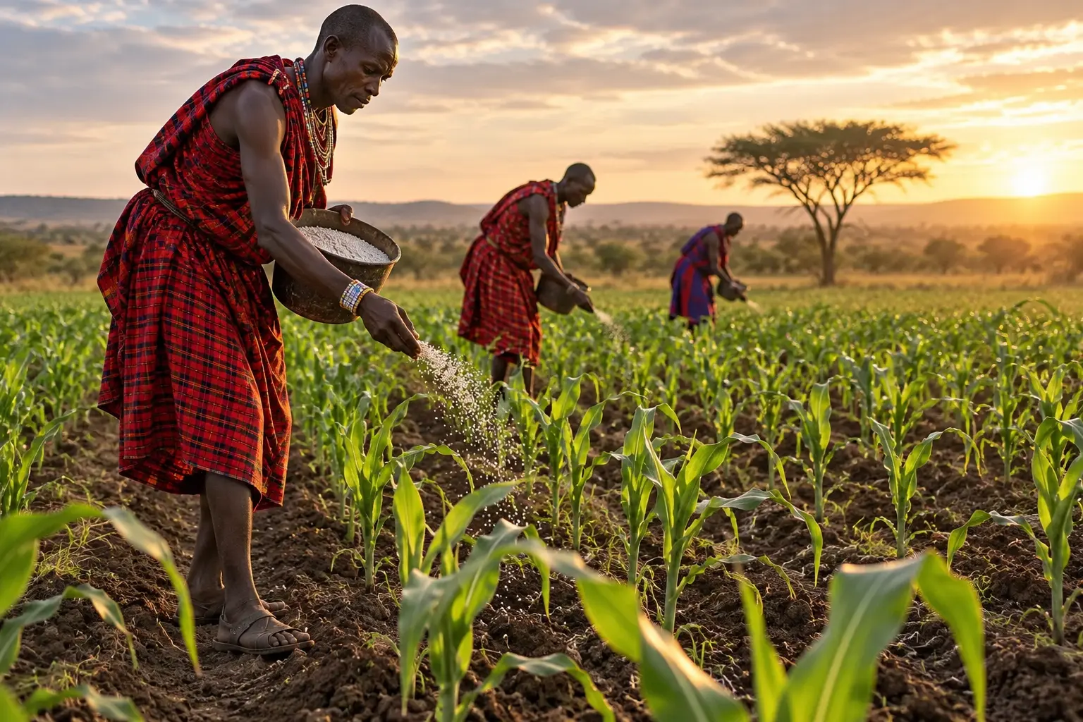 Maasai farmers traditionally applying fertiliser to crops
